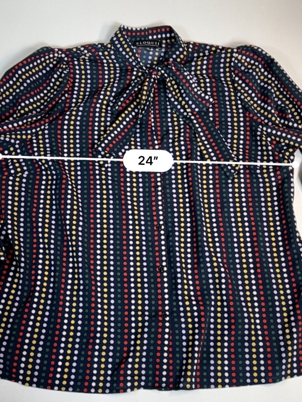Eloquii Size 20 Navy Multicolor Polka Dot Tie Neck Puff Sleeve Blouse - Picture 8 of 10